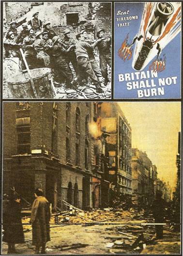 Fotografie ukazují obyvatele Londýna likvidující následky náletů; plakáty podporovaly jejich bojového ducha