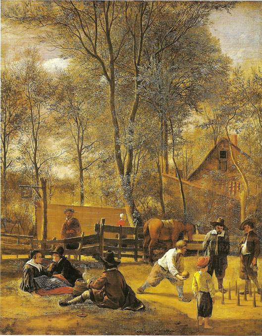 Steen Jan: Hráči kuželek před hospodou, kolem 1652, 33 x 27 cm