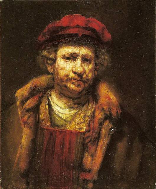 Rembrandt Harmenszoon van Rijn: Vlastn podobizna v erven apce, kolem 1660, 68 x 56 cm