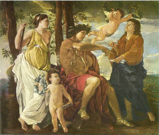 Poussin Nicolas: Básníkova inspirace, 184 x 214 cm (Paříž, Louvre)
