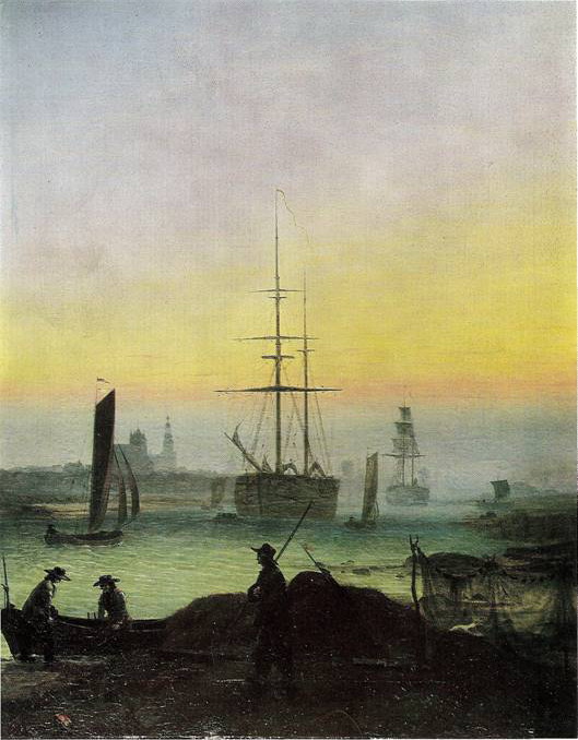 Friedrich Gaspar David: Greifswaldský přístav po západu slunce, 1810/15, 90 x 70 cm 