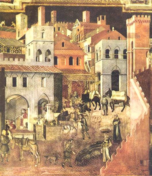 Lorenzetti Ambrogio:Pohled na město, 1337/39 (Siena, Palazzo Publico)