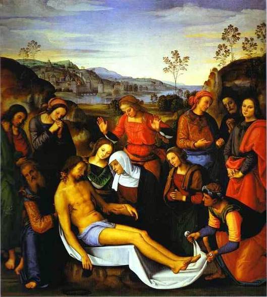 Perugino Pietro: Kladen Krista do hrobu, 1495, 214 x 195 cm (Florencie, Palazzo Pitti)