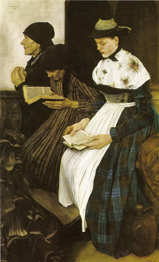 Leibl Wilhelm Maria Hubertus: Tři ženy v kostele, 1881, 113 x 77 cm (Hamburk, Kunsthalle)