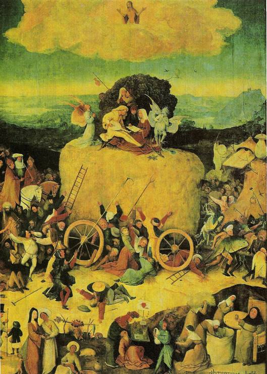 Bosch Hieronymus: Vůz sena, 190 x 135 cm (Madrid, Prado)