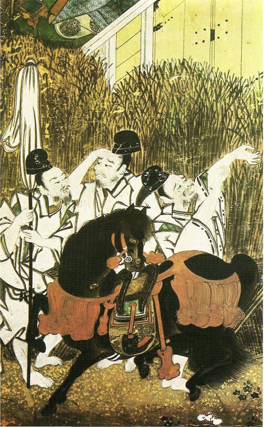 Japonské malířství: Tři sluhové s osedlaným koněm, výřez ze svitkového románu Murasikiho Šikibua "Genji-monogatari", škola Sumijoši, kolem 1700 (Kolín, Museum für ostasiatische Kunst)