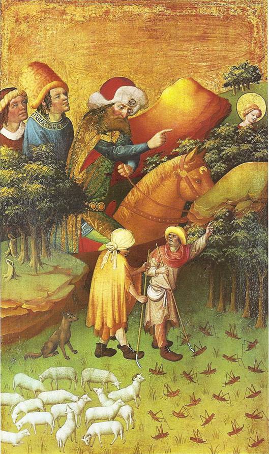 Mistr Francke: Zázrak s kobylkami, 1410/15, 91 x 54 cm (Helsinky, Národní muzeum)