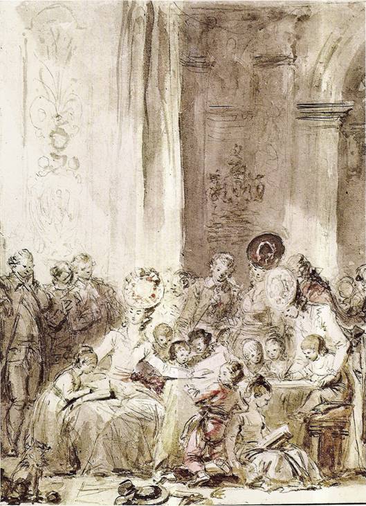 Fragonard Jean-Honoré: Zkoušky dětí u vévody de Chabot, 1770/80, 43 x 34 cm (Frankfurt nad Mohanem, Städel)