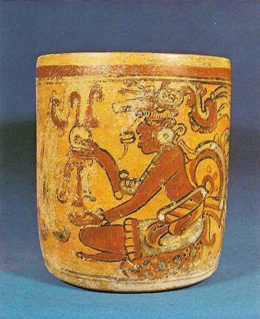 Americké předkolumbovské malířství: Polychromovaná válcová nádoba z Ratiulixulu v Guatemale, velikost 21 cm, asi 900-750 př.n.l. (Filadelfie, University Museum)