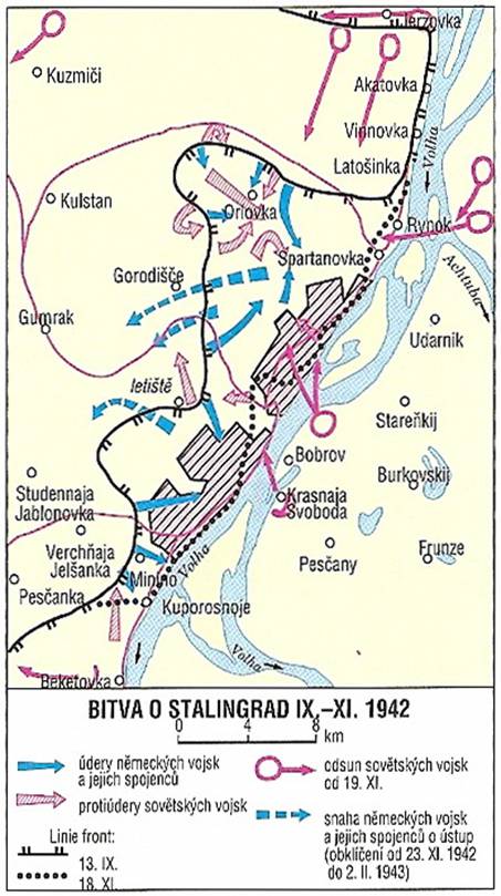 Mapa ukazuje situaci u Stalingradu 19. a 20. listopadu 1942