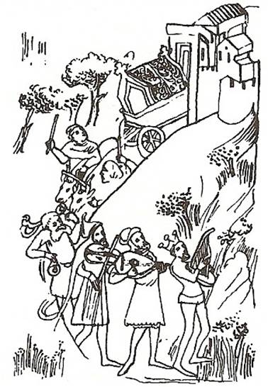 Pohřební průvod ze středověké miniatury v Bibli Václava IV., konec 14. století