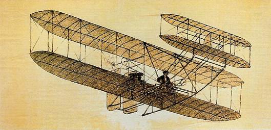 Jeden z bratrů Wrightových při letu dvojplošníkem v roce 1903