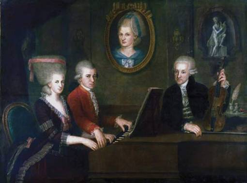 Mozart u klavíru s otcem a sestrou