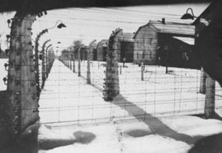 Pohled na část tábora v době osvobození, leden 1945