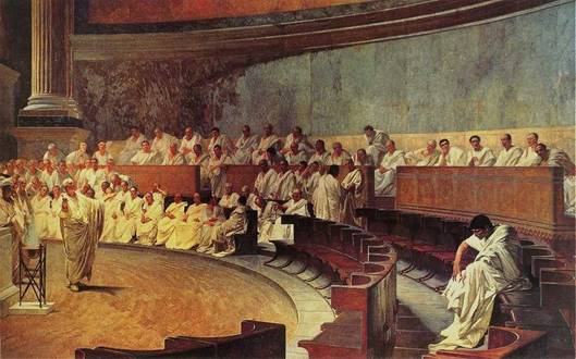 Cicero si stěžuje na Catilina. Freska od Cesare Maccariho (1882-1888)