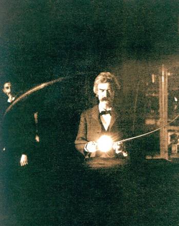 Spisovatel Mark Twain v Teslově laboratoři, jaro 1894