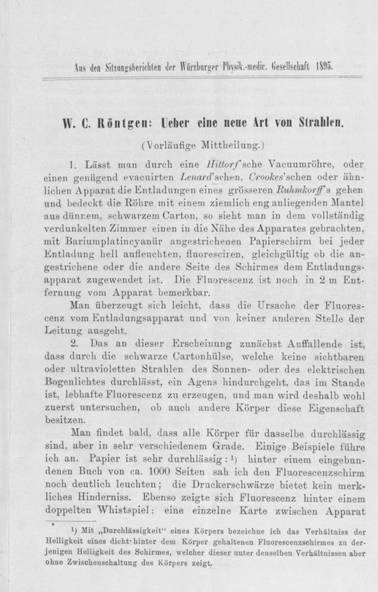 První zveřejnění Röntgenova objevu v roce 1895