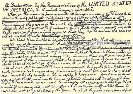 Původní návrh Prohlášení nezávislosti z pera Thomase Jeffersona