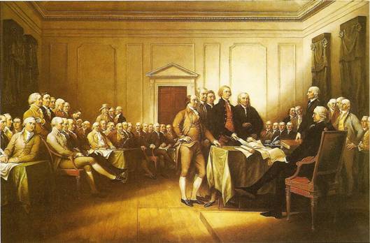Vyhlášení nezávislosti amerických osad na kongresu ve Filadelfii dne 4. července 1776