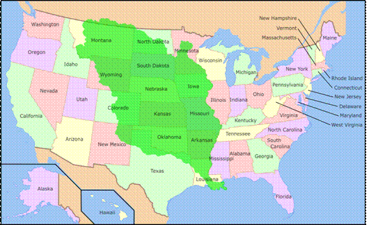 Francouzská kolonie Louisiana (zeleně), získaná Spojenými státy americkými v roce 1803