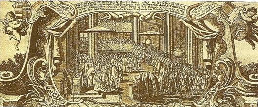Korunovace Marie Terezie v Praze v květnu 1743, soudobá rytina