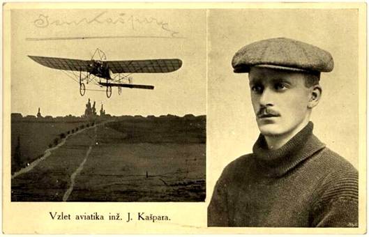 Dobová pohlednice dokumentující první vzlet ing. Jana Kašpara