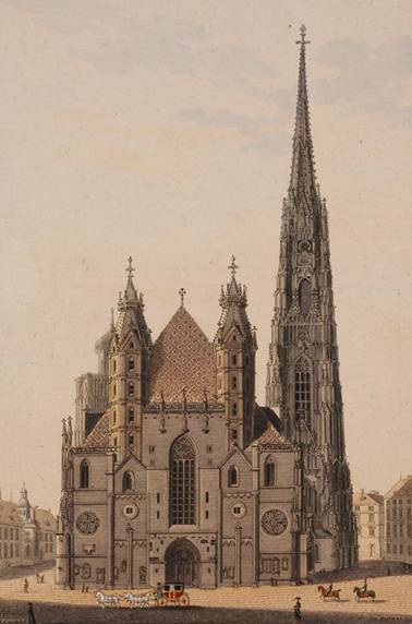 Dóm Svatého Štěpána ve Vídni (akvarel od Eduarda Gurka, 1830)