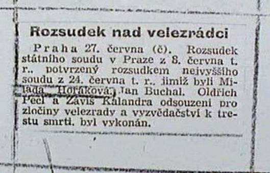 Novinový výstřižek, který informuje o vykonání popravy nad Miladou Horákovou