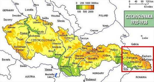 Československo na meziválečné mapě s vyznačenou Podkarpatskou Rusí