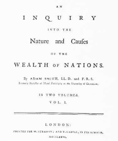 Úvodní strana proslulého spisu "Pojednání o původu bohatství národů" (1766)