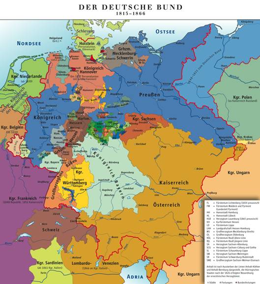 Hranice Německého spolku jsou vyznačeny červeně