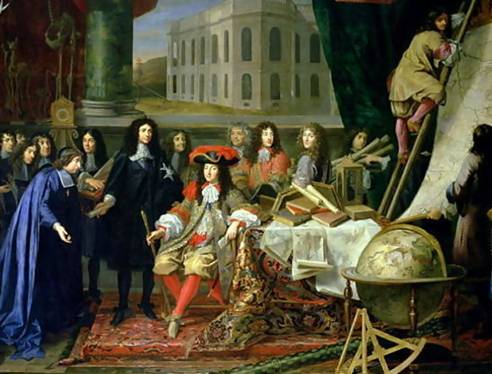 Francouzsk krl Ludvk XIV. s J. B. Colbertem v Krlovsk akademii vd v paskm Louvre