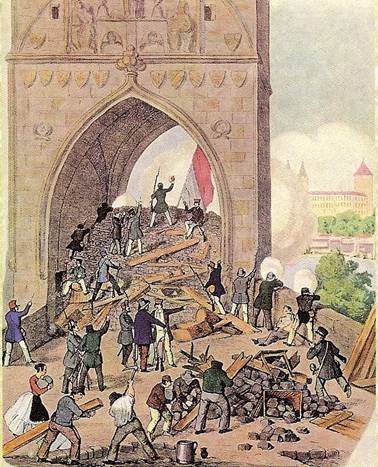 Barikáda u Karlova mostu (kolorovaná litografie, 1848)